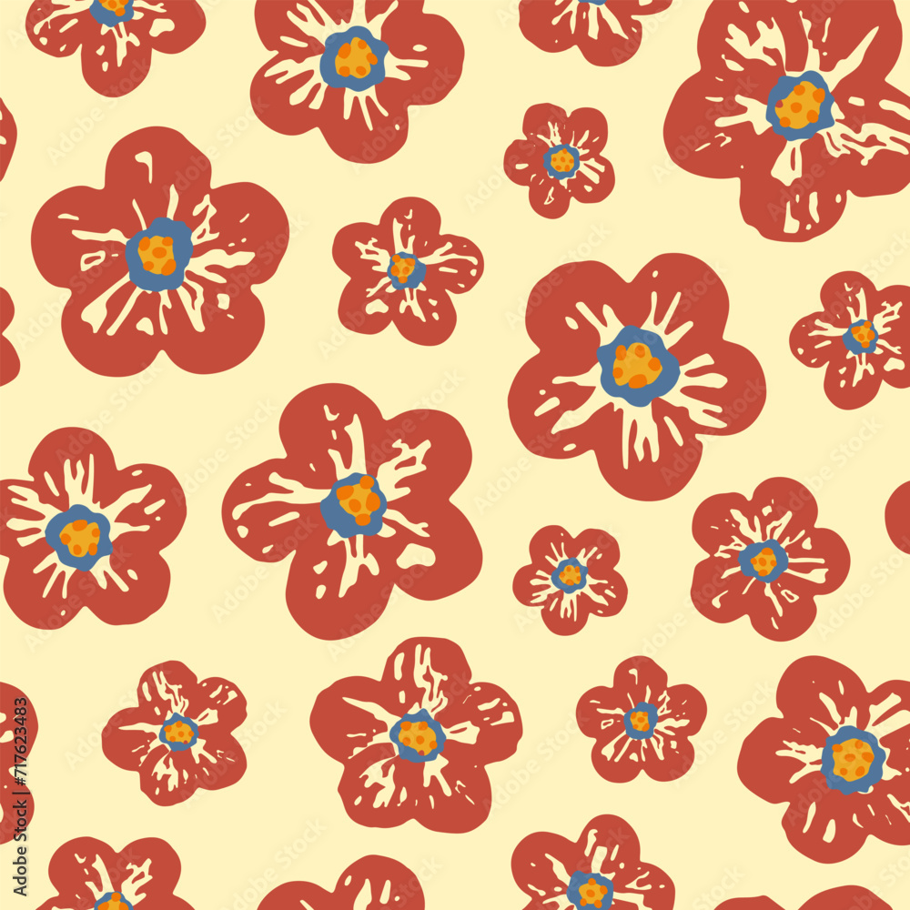 Floral vector seamless pattern. Little red flowers on yellow background. Trendy modern abstract flowers drawn with brush texture. Ditsy floral background for textile, fabrics, wallpaper