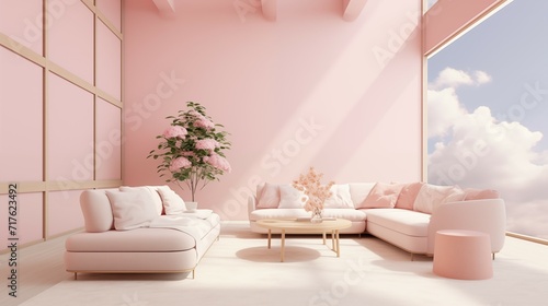 The airy window view with a sofa in modern pink living room.