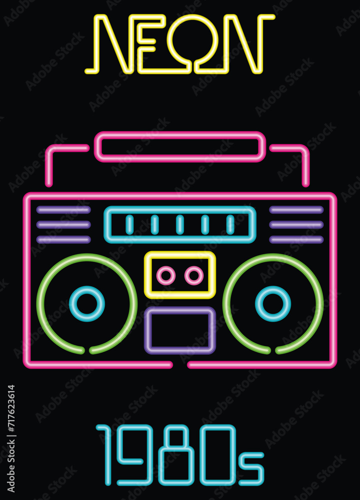 1980s Sound System, Neon Light Boombox 80s Style Retro Poster 1980s Sound System, Neon Light Boombox 80s Style Retro Poster