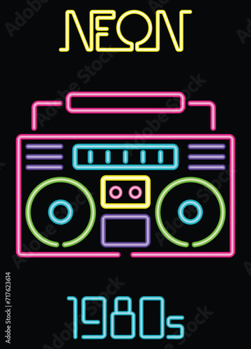 1980s Sound System, Neon Light Boombox 80s Style Retro Poster 