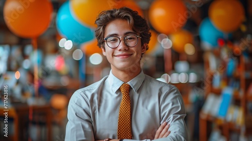Smiling Man in Glasses and Orange Tie, Celebrating Monthly Events and Trends Generative AI photo