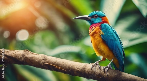 colored beautiful bird sitting on the tree in the jungle, colored wild bird, colored wild bird sitting on the branch of tree in jungle © Gegham
