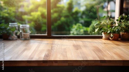 Bleached wooden table top on blurred kitchen