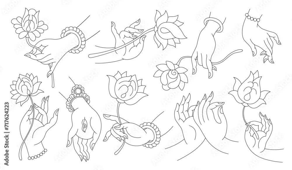 Set of outline hands and flowers. Buddha hands, gestures, religious buddhist symbols. Mudra, lotuses, meditation. Logo design. Set of outline hands and flowers. Buddha hands, gestures, religious buddhist symbols. Mudra, lotuses, meditation. Logo design.