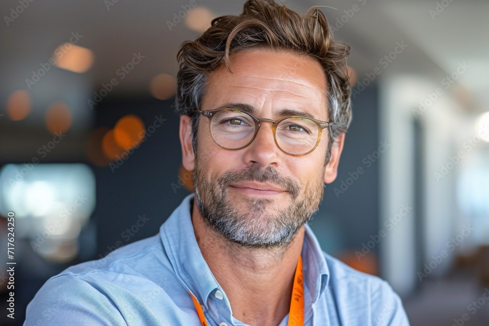 Bearded Man in Blue Shirt and Glasses, Smiling for the Camera Generative AI Bearded Man in Blue Shirt and Glasses, Smiling for the Camera Generative AI