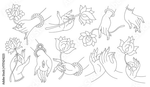 Set of outline hands and flowers. Buddha hands, gestures, religious buddhist symbols. Mudra, lotuses, meditation. Logo design.