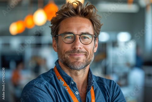 Bearded Man in Blue Shirt with Glasses and Orange Lanyard Generative AI photo