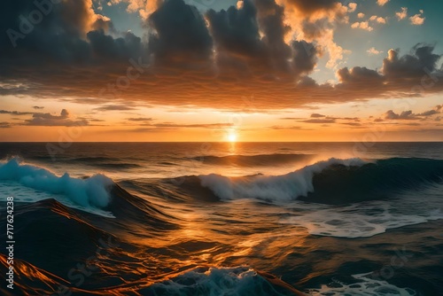 A sunset or sunrise over the ocen sea and waves