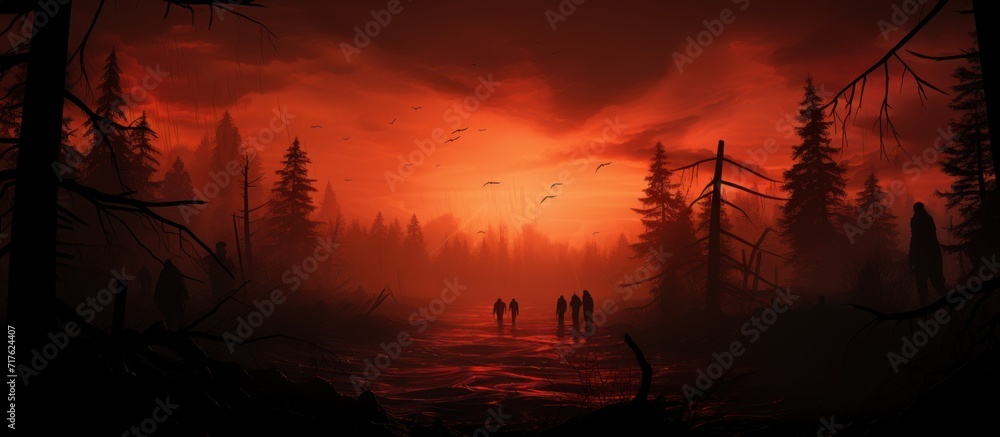 Black silhouettes of tall trees on a red foggy background
