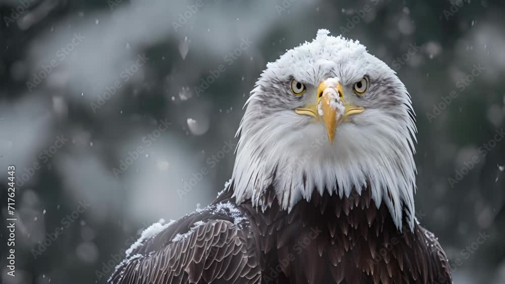 Closeup of a regal bald eagle eyes fixed intently on its surroundings as snowflakes delicately land on its head. Closeup of a regal bald eagle eyes fixed intently on its surroundings as snowflakes delicately land on its head.