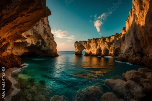Sea caves sunset Maditerranean sea Nature composition