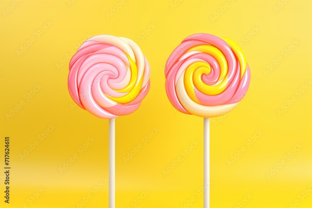Cotton Candy-Colored Spiral Lollipops on Elegant White Sticks, Bringing a Dreamy Aesthetic to a Yellow Background, Generative AI Cotton Candy-Colored Spiral Lollipops on Elegant White Sticks, Bringing a Dreamy Aesthetic to a Yellow Background, Generative AI