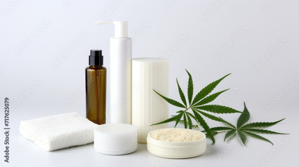 Organic cosmetic and beauty product for body and face care with hemp leaf extract. Bottle of face or body cream and hemp marijuana leaves. Trendy hemp cosmetics and green leaves Organic cosmetic and beauty product for body and face care with hemp leaf extract. Bottle of face or body cream and hemp marijuana leaves. Trendy hemp cosmetics and green leaves