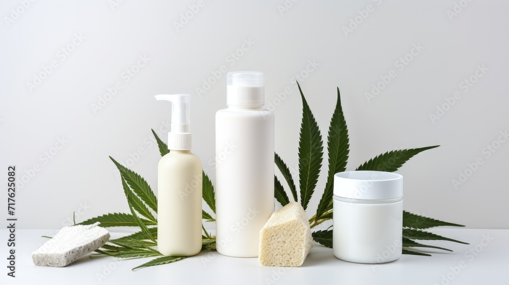 Organic cosmetic and beauty product for body and face care with hemp leaf extract. Bottle of face or body cream and hemp marijuana leaves. Trendy hemp cosmetics and green leaves