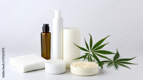 Organic cosmetic and beauty product for body and face care with hemp leaf extract. Bottle of face or body cream and hemp marijuana leaves. Trendy hemp cosmetics and green leaves