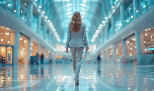 Lonely businesswoman walking in a shopping hall or convention center.