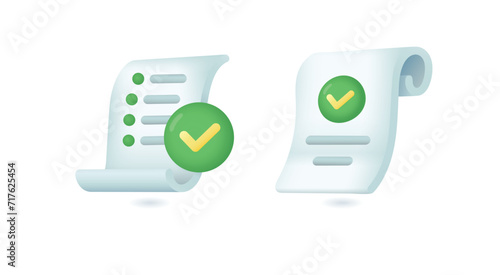 3d cartoon style checklist with green checkmark icon. To do list with completed tasks on white background vector illustration. Success, productivity, management, achievement concept
