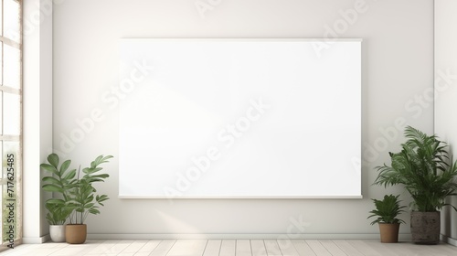 A modern living room with a couch in front of a blank banner on wall.