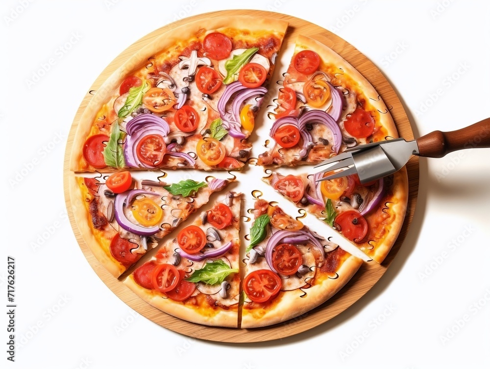 Pizza being cut into pieces on white background Pizza being cut into pieces on white background