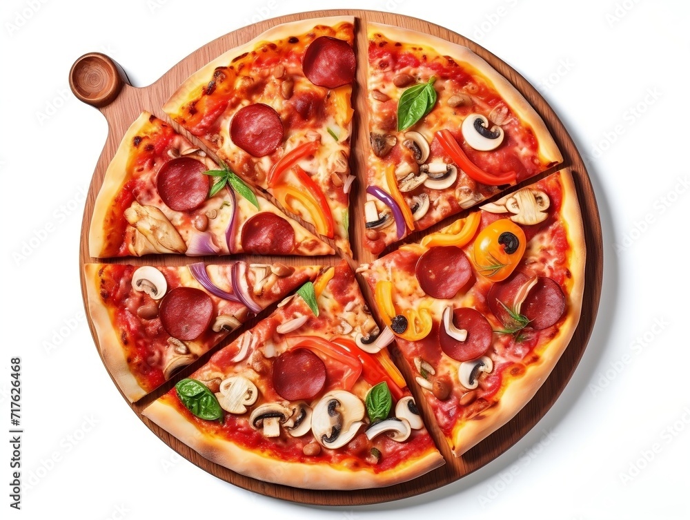 Pizza being cut into pieces on white background Pizza being cut into pieces on white background