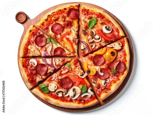 Pizza being cut into pieces on white background