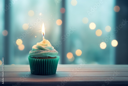 birthday cupcake on ange background with a candle photo