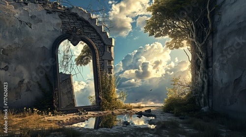 Parallel Worlds Collide: A Majestic Mirror Reflecting an Alternate Reality Amidst Ruined Architecture and Nature’s Embrace