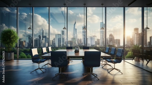meeting room with a large conference table and large windows view an office. photo