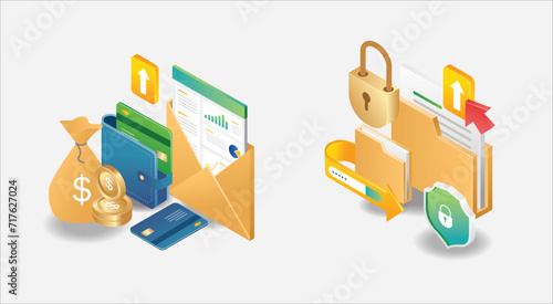Flat isometric illustration set concept of man locking folder for security.
