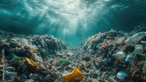 Impact of Plastic Waste on Oceans. Plastic waste piles on beaches or in oceans, highlighting their impact on marine ecosystems and related global warming issues. © pengedarseni