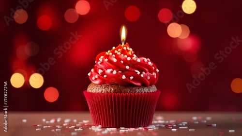 a cake with a red candle on a red background