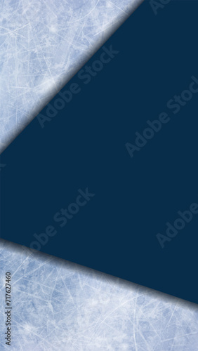 Ice rink realistic texture and dark blue asymmetrical background. Vertical banner, copy space. Vector template for ice hockey, figure skating or curling illustration, winter sport design, printing.