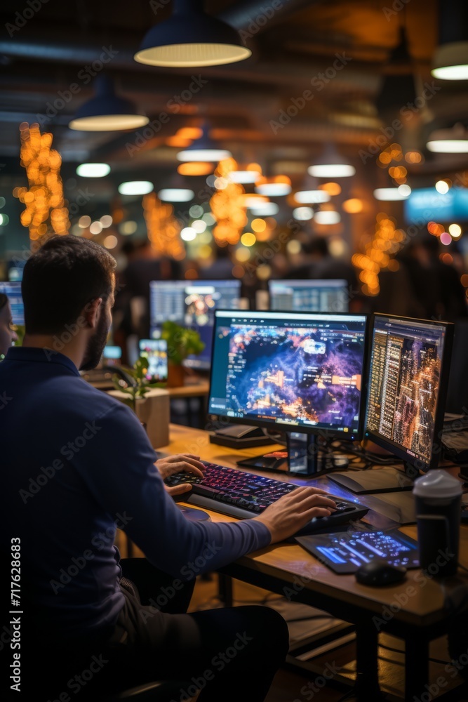 IT development agency's bustling workspace, with system engineers from various backgrounds collaborating on web development projects, Generative AI