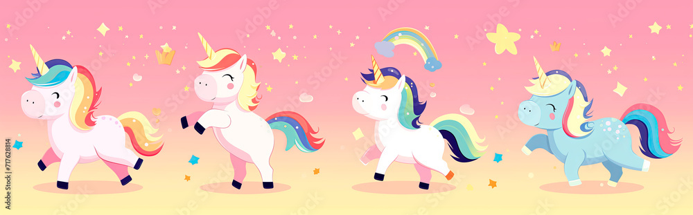 Charming unicorns with rainbow manes on a pink background.
Charming unicorns with rainbow manes on a pink background.