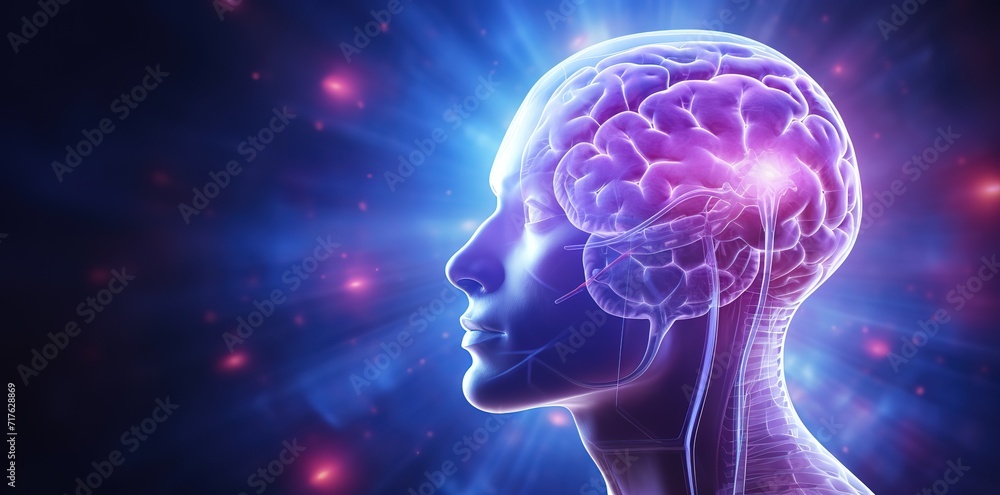 An illustration of a human brain glowing in blue and purple depicts high intelligence. generative AI An illustration of a human brain glowing in blue and purple depicts high intelligence. generative AI
