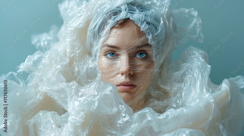 Surrealism illustration of a woman wrapped in plastic. Limitations of Expression. Loss of Identity or Equality. The Symbolism of Clarity and Obscurity Surrealism illustration of a woman wrapped in plastic. Limitations of Expression. Loss of Identity or Equality. The Symbolism of Clarity and Obscurity
