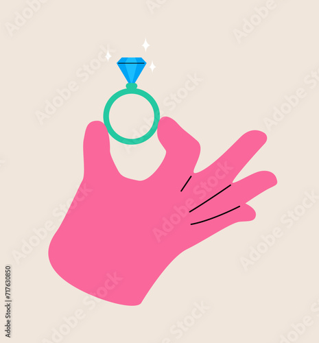 Hand holding diamond ring. Colorful vector illustration
