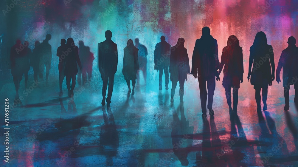 Obraz premium Mystical Silhouettes: A Colorful Illustration of People and Their Shadows Interacting with Different Parallel Realities