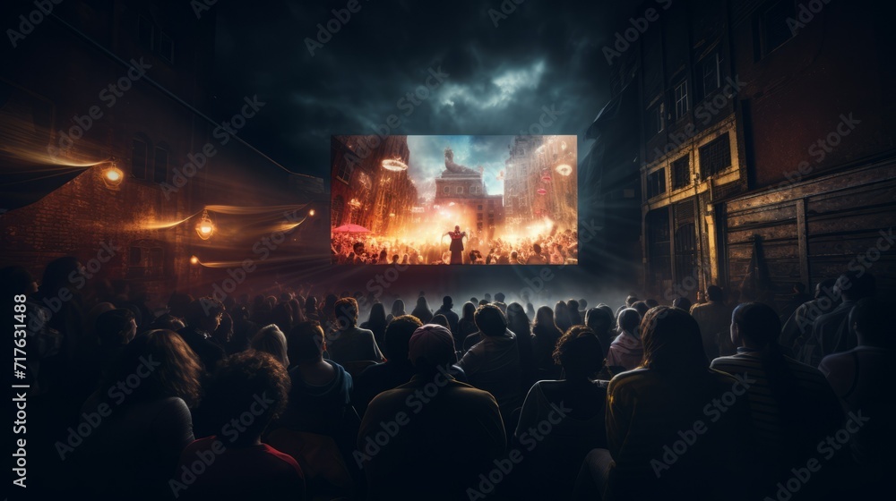 Rear view: A group of people sitting on the ground watching a movie on a large outdoor movie screen. An evening of cinema, entertainment and fun.