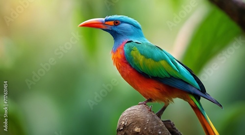 colored beautiful bird sitting on the tree in the jungle, colored wild bird, colored wild bird sitting on the branch of tree in jungle © Gegham