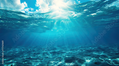 Blue sea underwater background with rays sunlight shining