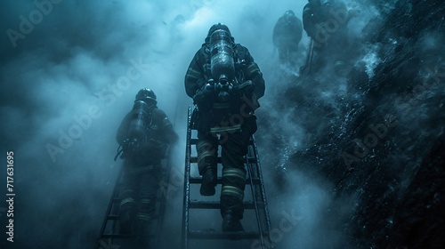 Firefighters on a ladder during a hazy day Generative AI photo