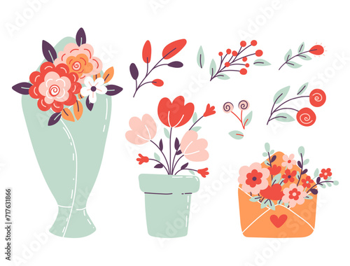 Valentines day elements flower set. Floral bouquets and letter isolated on white bacground. Flat style. Cartoon vector illustration