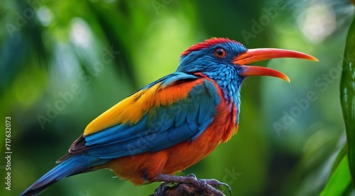 colored beautiful bird sitting on the tree in the jungle, colored wild bird, colored wild bird sitting on the branch of tree in jungle