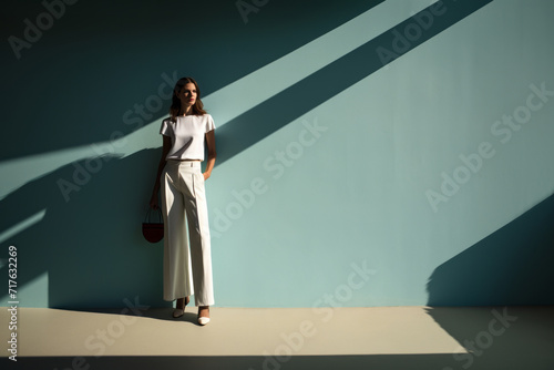 Elegant model in a sleek, monochromatic outfit, standing against a pastel wall, her shadow creating a sharp contrast on the minimalist background