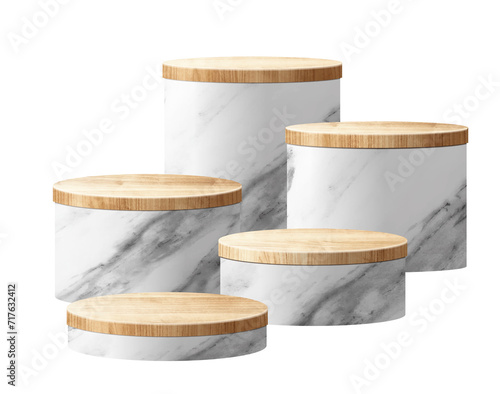 3D wood and marble pedestals podium, Abstract geometric empty stages wooden exhibit displays award ceremony product presentation, isolated on white background