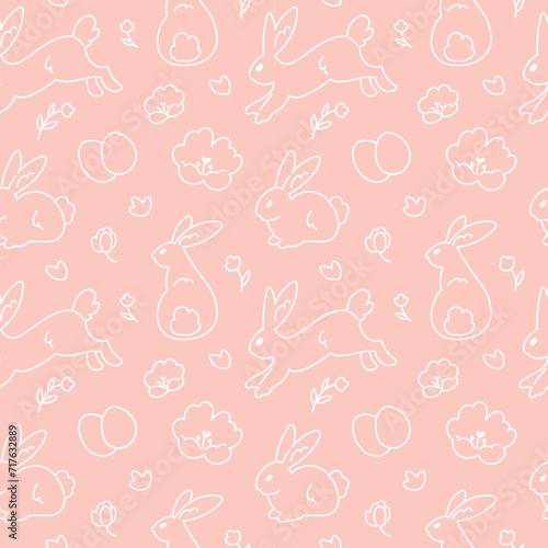 Cute hand drawn Easter seamless pattern with bunnies, flowers, easter eggs, beautiful background, great for Easter Cards, banner, textiles, wallpapers - vector design