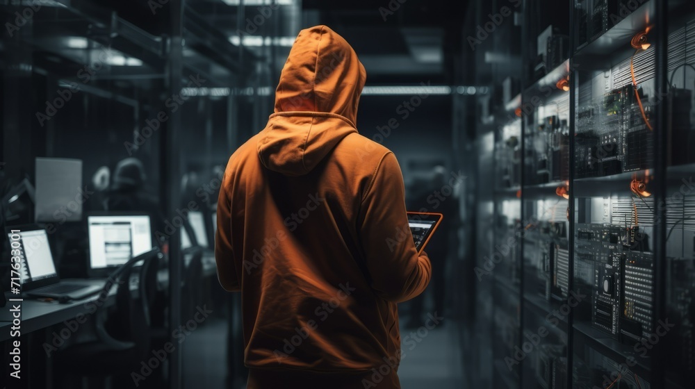 A rear view of an IT engineer, programmer, hacker wearing an orange jacket, working with a tablet in the server room of a high-tech company. Cybersecurity, Information Server Concepts. A rear view of an IT engineer, programmer, hacker wearing an orange jacket, working with a tablet in the server room of a high-tech company. Cybersecurity, Information Server Concepts.
