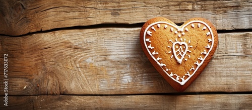 Top view of a gingerbread heart cookie on a wooden brown background.
