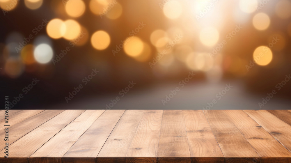 A warm and inviting wooden table surface basking in the soft glow of bokeh lights. A warm and inviting wooden table surface basking in the soft glow of bokeh lights.